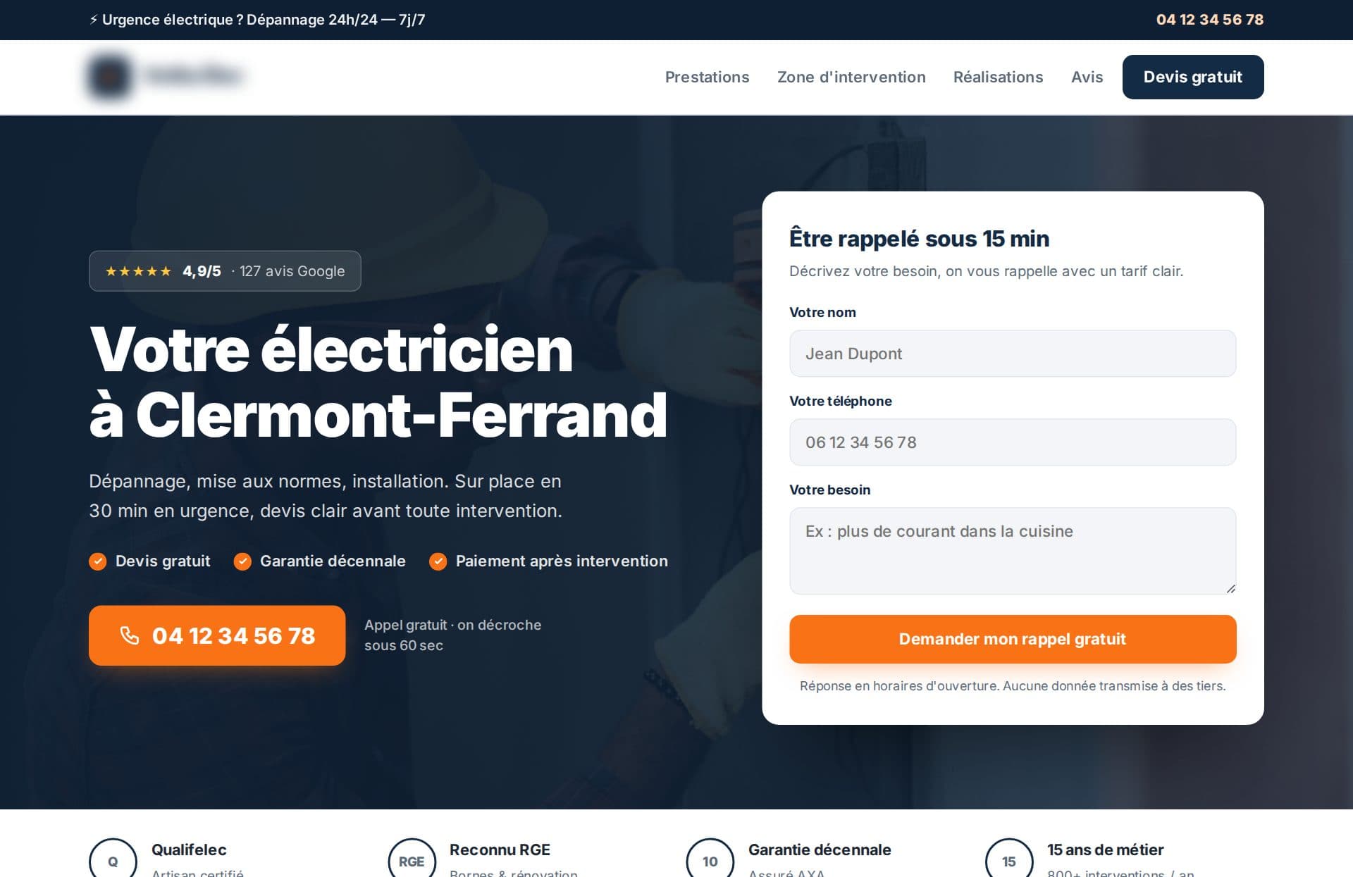Exemple de site pour électricien